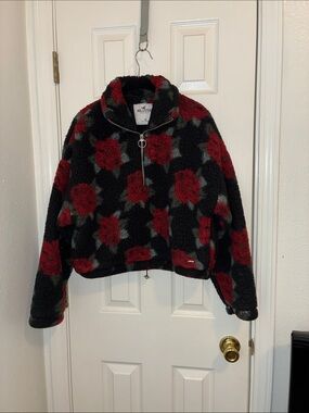 Hollister Black Sherpa Pullover with Red Rose Print